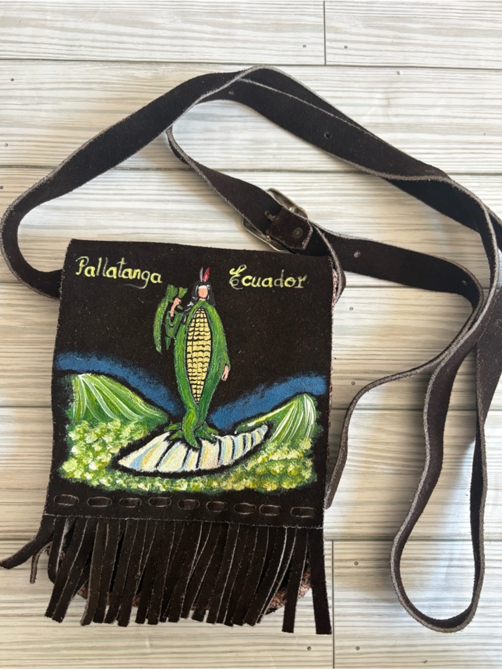 Handpainted Brown Leather Fringe Crossbody Bag